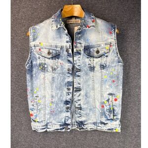 Evolution In Design Denim Vest Ice Blue Paint Splatter Stretch‎ Youth Size XL 18